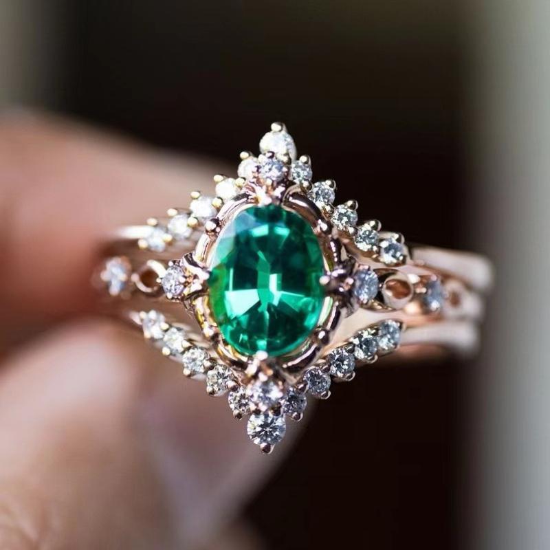 

European and American new fashion emerald zircon inlaid luxury personality versatile women s ring 6&ROSE GOLD COLOR зелёный