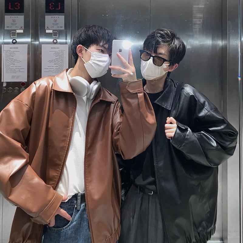 Men Spring and Autumn PU Leather Jackets Retro Streetwear Handsome Y2k Clothes Pure Simple Tops