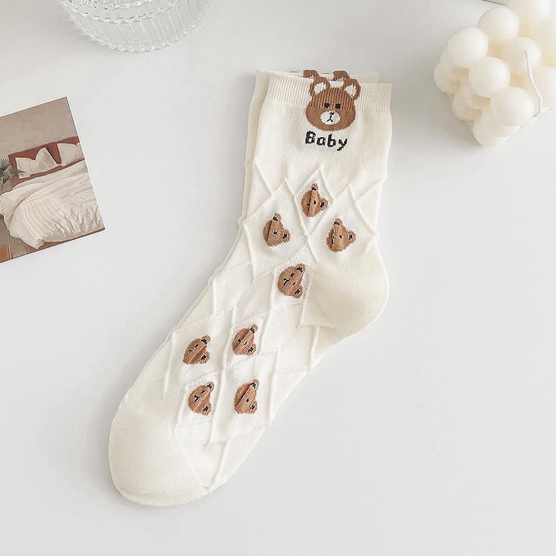 Șosete tub alb bumbac noi de primăvară și vară preppy cu ursuleț desen animat drăguț respirabile transpirate