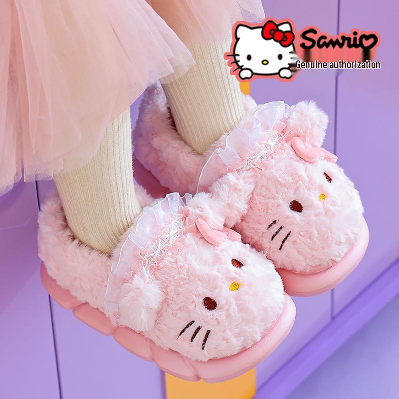 Sanrio Kids Winter Princess Slippers: Cute, Non-slip, Warm Heel, Parent-Child Indoor Shoes for Girls.