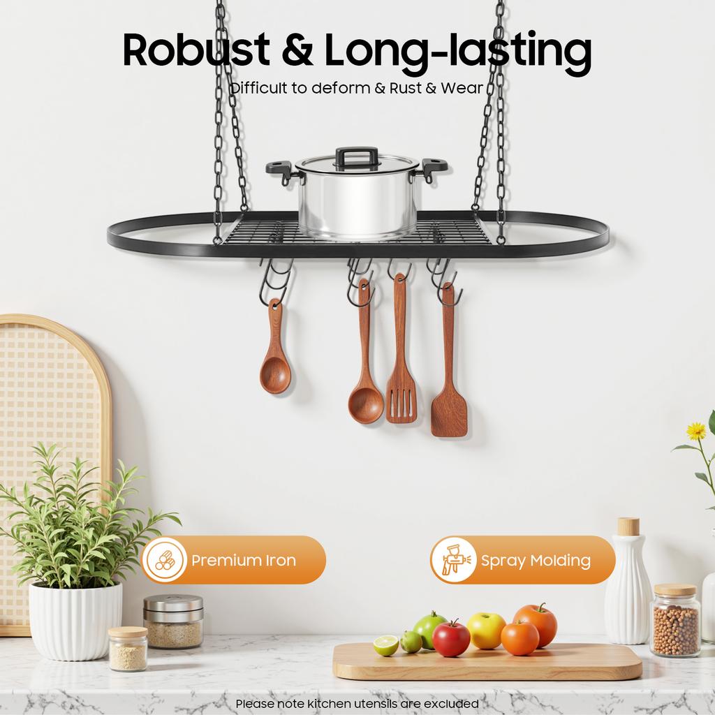 Ceiling Hanging Rack 10 Hooks, Kitchen Grid Shelf Organizer, 44LB Heavy Duty Iron Storage for Pot Pan Utensil, Small Space Savin