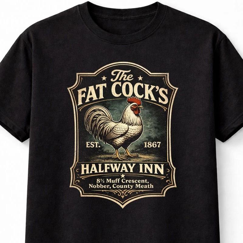 The Fat Cocks Halfway Inn Pub Rooster TShirt Funny Pub Parody Style Unisex Tee S
