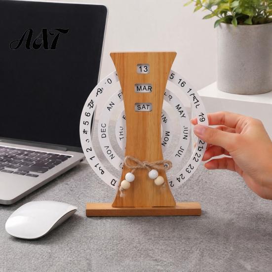 Retro Desktop Calendar Decoration Wooden Perpetual Calendar, Manual Rotating Desk for Home Office Sustainable Decor Decor, Creative Natural Wood Date