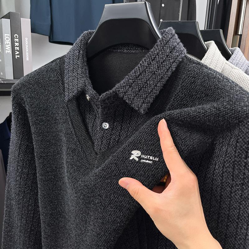 Winter Vacation Two Sweaters Men'S Polo Shirt With A Collar And Long Sleeves, Thick And Warm Base Shirt