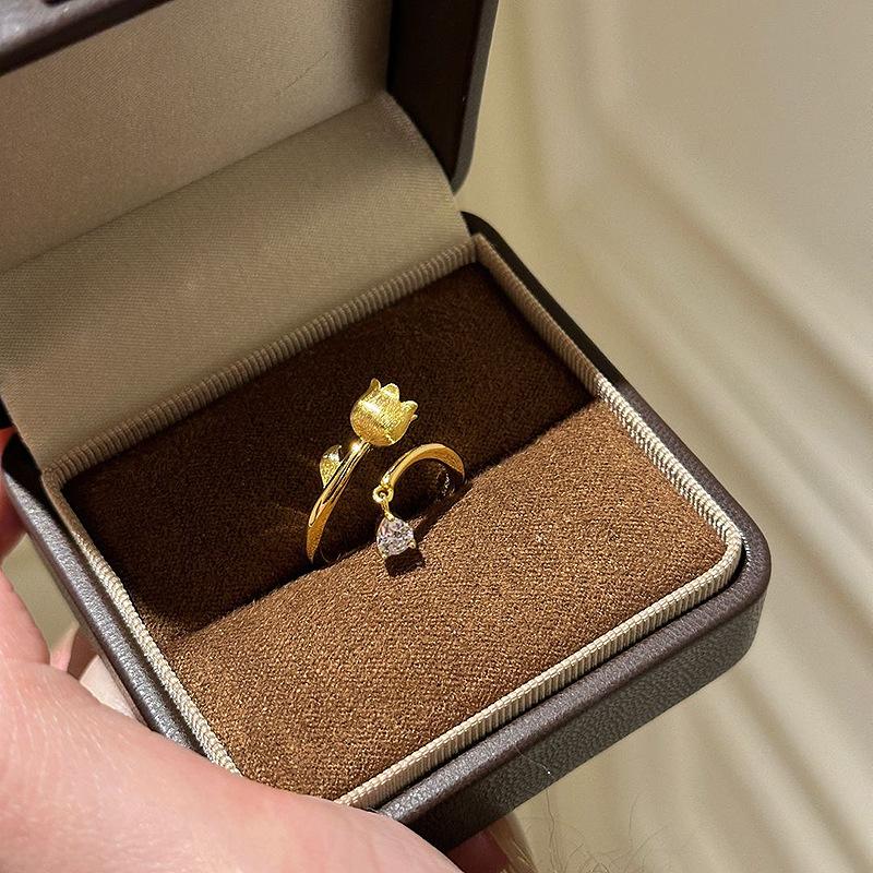 Ancient Gold Crafts Brushed Lily of the Valley Rings for Women Tassel Inlaid Diamonds Water Drop Diamond Female Ring Adjustable