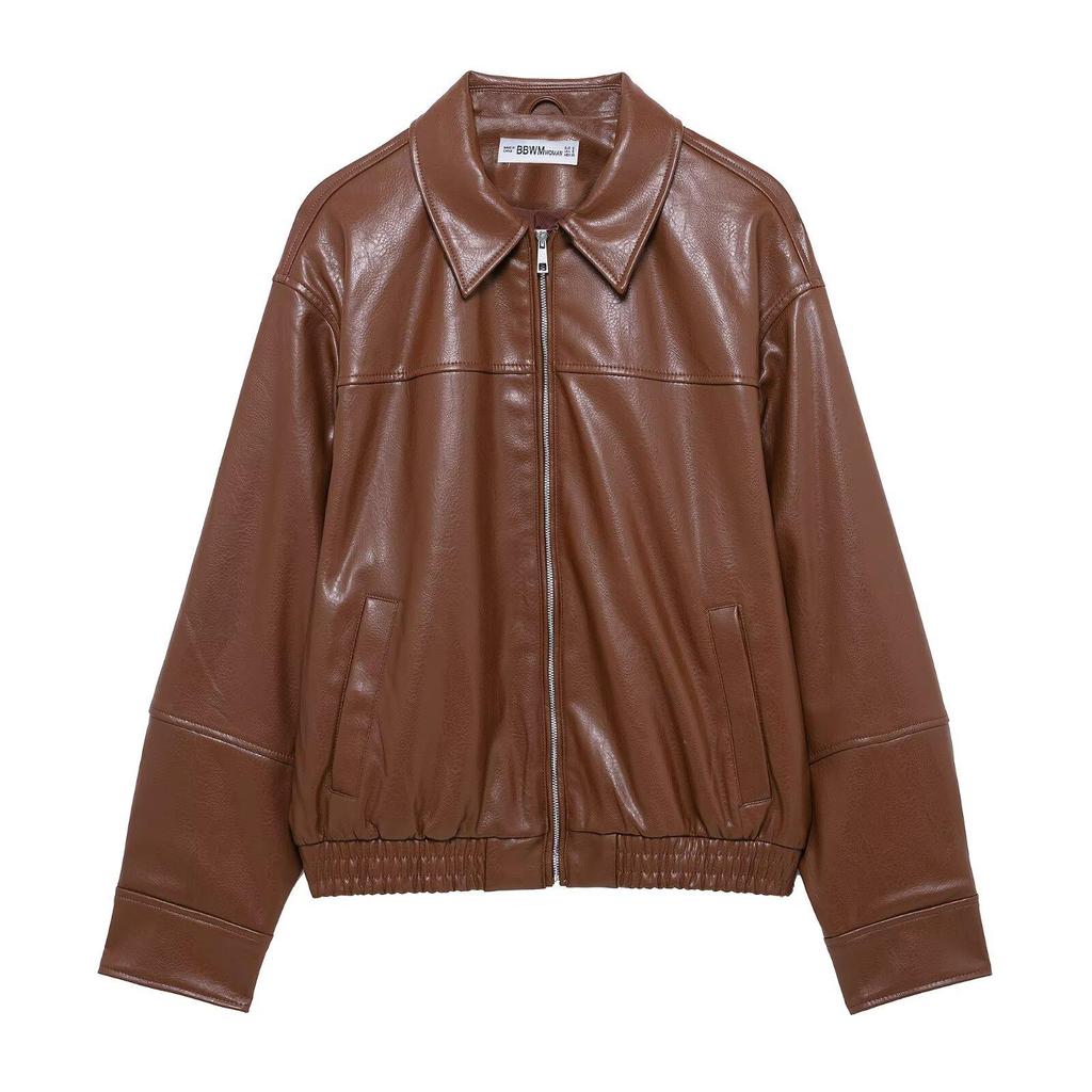 European and American Women's Fashion 2025 Spring Pilot Long Sleeve Faux PU Jacket