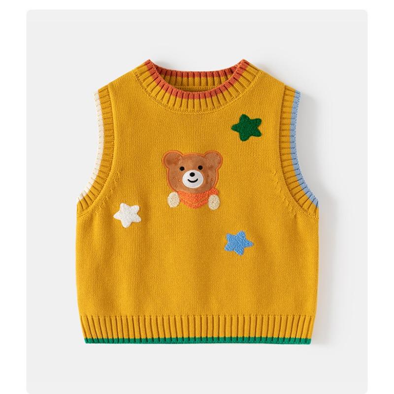 Cartoon Bear Pattern Sleeveless Pullover Knit Vest For Kids Boys And Girls