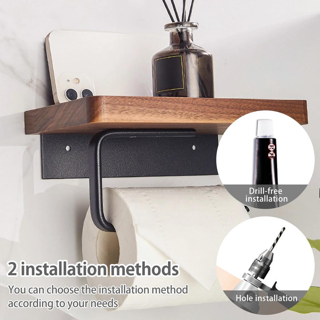Toilet Paper Holder with Natural Walnut Wooden Shelf Tissue Roll Hanger Wall Mounted Paper Towel Bar Toilet Paper Roll Holder