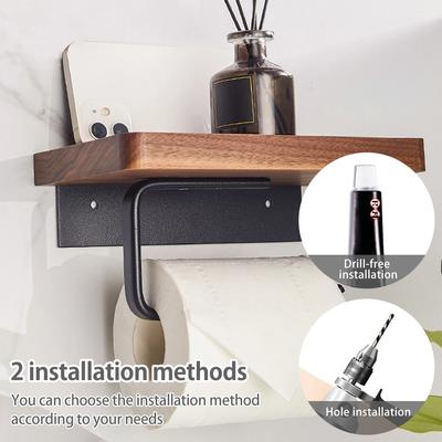 Toilet Paper Holder with Natural Walnut Wooden Shelf Tissue Roll Hanger Wall Mounted Paper Towel Bar Toilet Paper Roll Holder