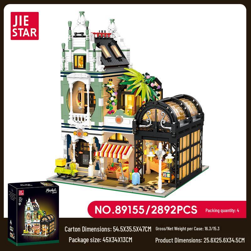 Jie Xing 89155 Street View Architecture Market Model - Educational Building Blocks for Kids