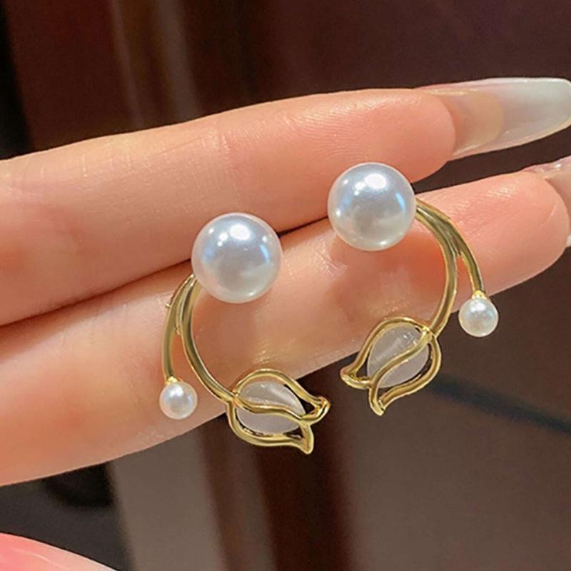 Topshiny Tulip-Shaped Earrings for Women, Unique Design, French Style Flower with High-End Cat's Eye Stone & Faux Pearl Decoration Valentines