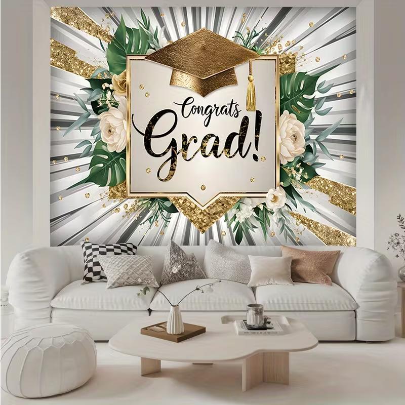 Elegant Gold Glitter Grad Backdrop, 150x130cm Greenery White Roses Grad Cap Tapestry for Grad Party Decor