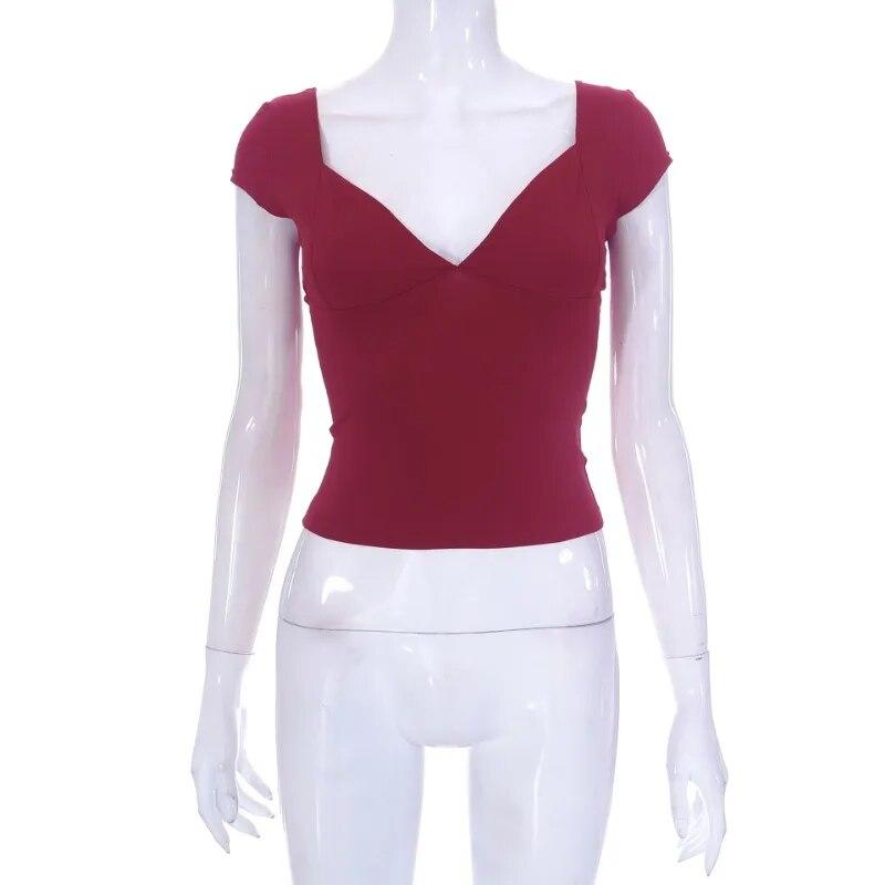 Summer 2024 Solid Sexy Backless V Neck Womens T-shirt Low-cut Short Sleeve Casual Tshirts Woman Slim Elegant Cropped Tees 30617