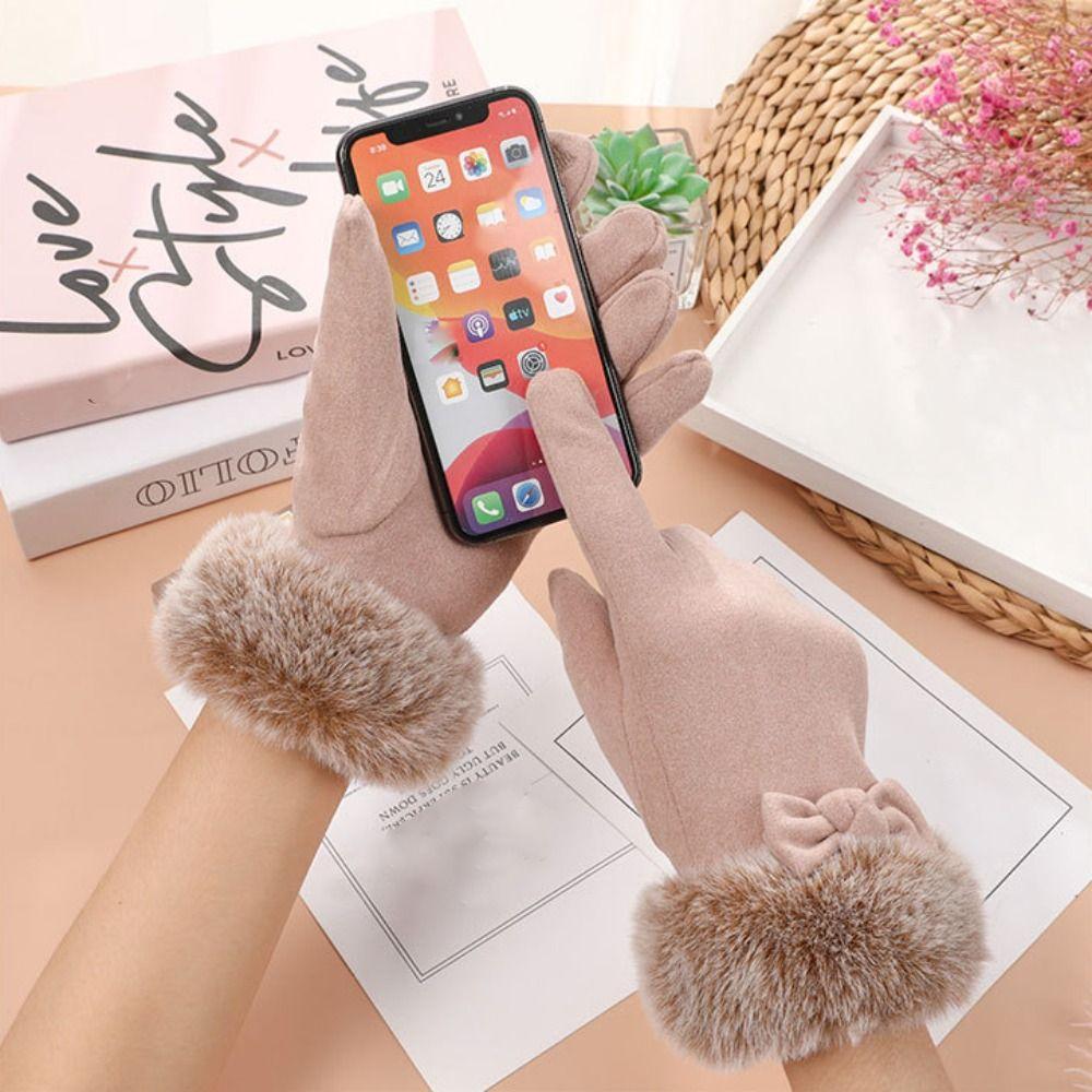 Keep Warm Winter Velvet Gloves  Women Mittens Soft Bow Plush Gloves  Ladies