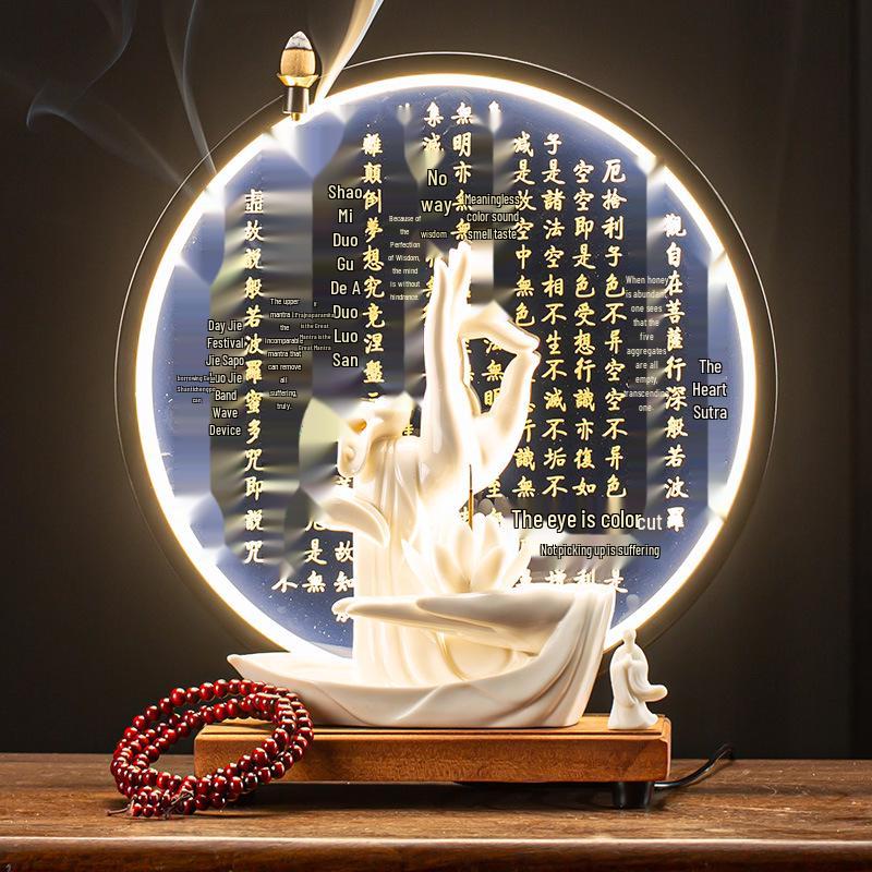 Zen Buddha Hand Ceramic Backflow Incense Burner with Light Ring and Heart Sutra Ornament for Indoor Decor