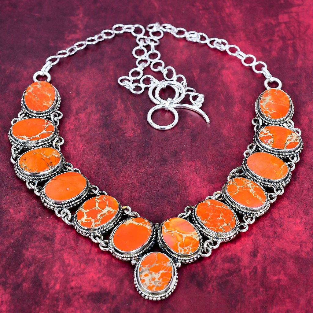 Oranžový mořský sediment 925 Ryzí stříbro Náhrdelník s nastavitelným řetízkem, Ručně vyráběný náhrdelník s drahokamy ke Dni památky