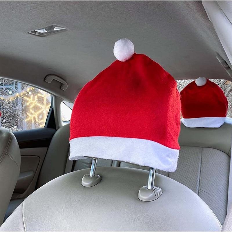 2PCS Holiday Car Seat Headrest Covers Santa Hat Christmas Chair Decorations for Automotive Interior Cozy Flannel Fabric