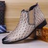 Designer New Men's Pointed Ostrich Pattern Pu Leather Casual Chelsea Ankle Boot Winter High Top Monk Strap Shoes Zapatos Hombre