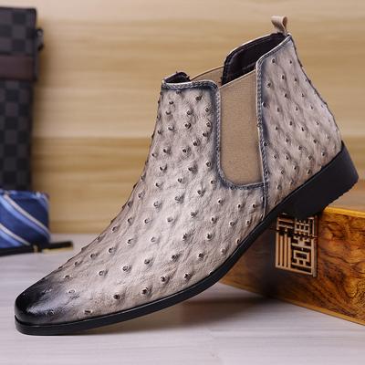 Designer New Men's Pointed Ostrich Pattern Pu Leather Casual Chelsea Ankle Boot Winter High Top Monk Strap Shoes Zapatos Hombre