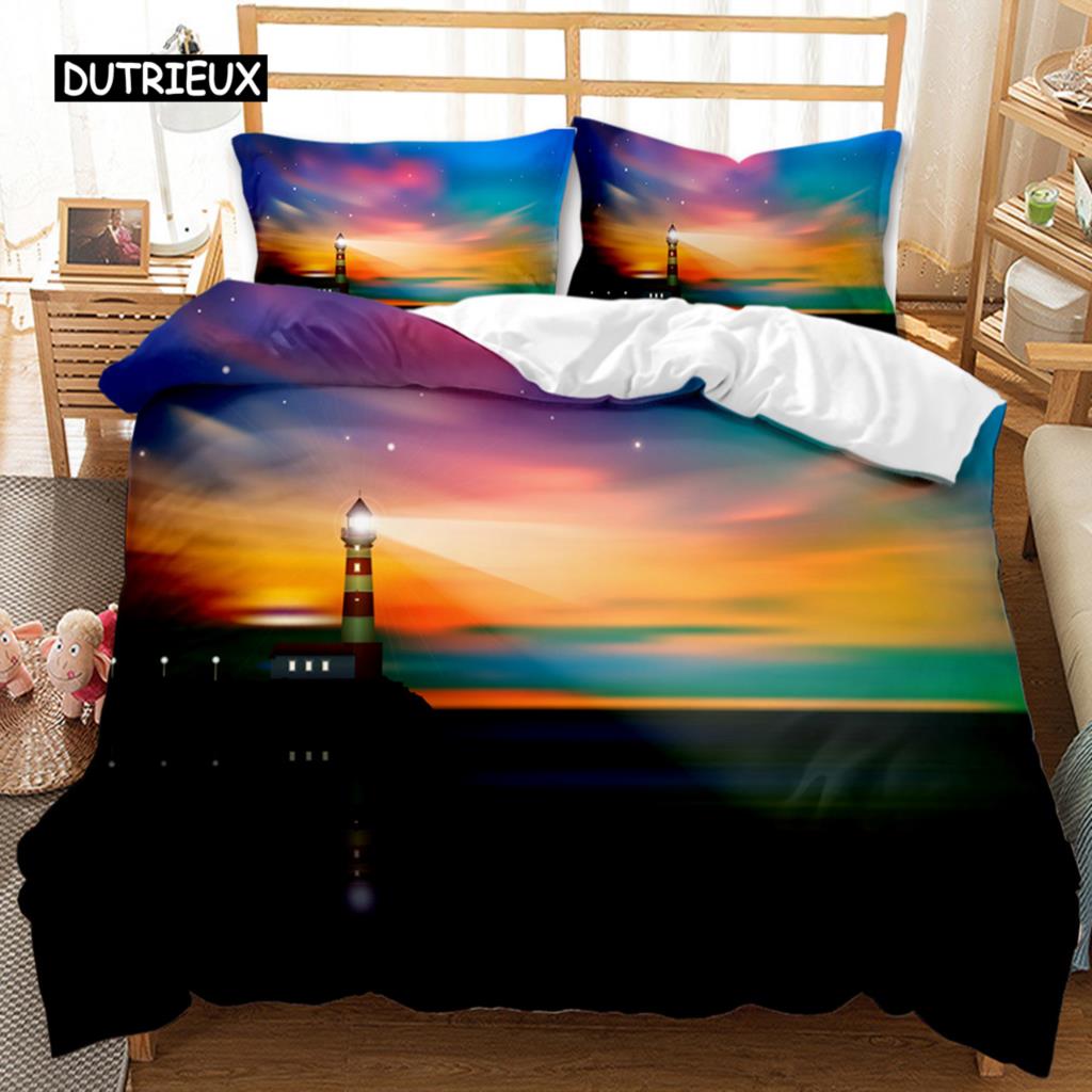 Lighthouse Duvet Cover Ocean Comforter Cover Nautical Quilt Cover Sunset Nature Double Queen King Size Polyester Bedding Set