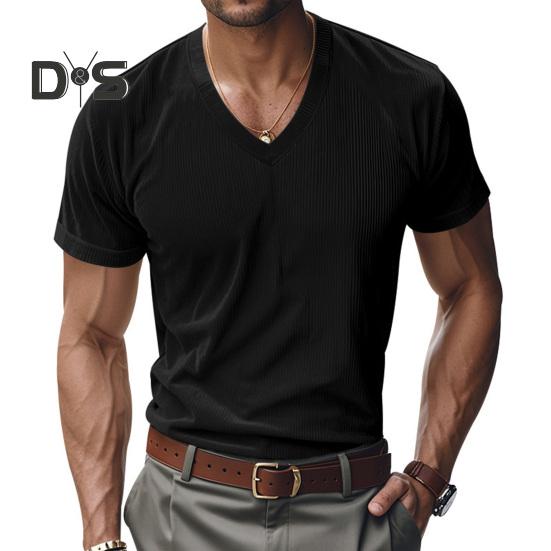 Tricou bărbătesc din velur cu decolteu în V Tricou din tricot cu nervuri pentru bărbați Tricou cu mânecă scurtă Casual Top business pentru muncă, vacanță, stradă
