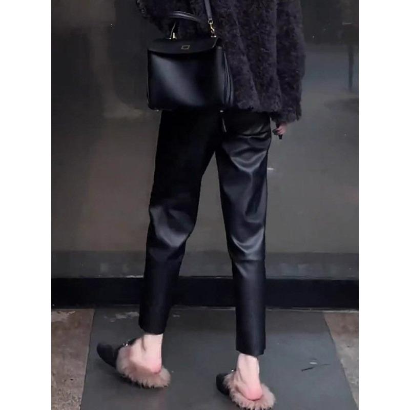 Small narrow version straight leather pants women's autumn and winter new high waist and thin temperament nine-point pipe pants