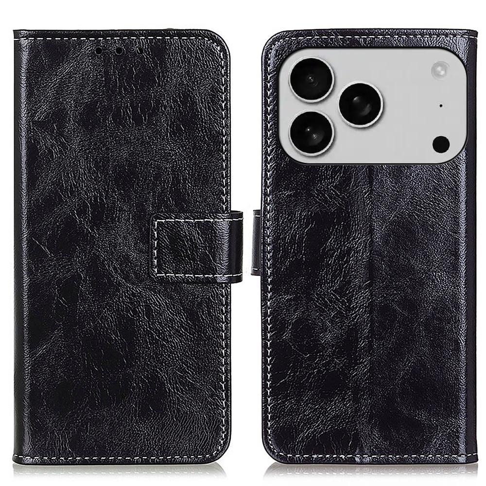 

For iPhone 17 Pro Max Case Wallet Leather Phone Cover Crazy Horse Texture Black