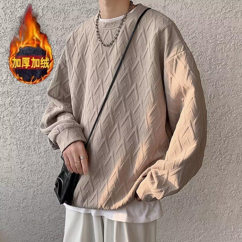 Crew Neck Jacquard Sweater Men's Long-sleeved T-shirt Spring and Autumn American Loose Casual Men's Clothing Without Hat and Bottoming Shirt