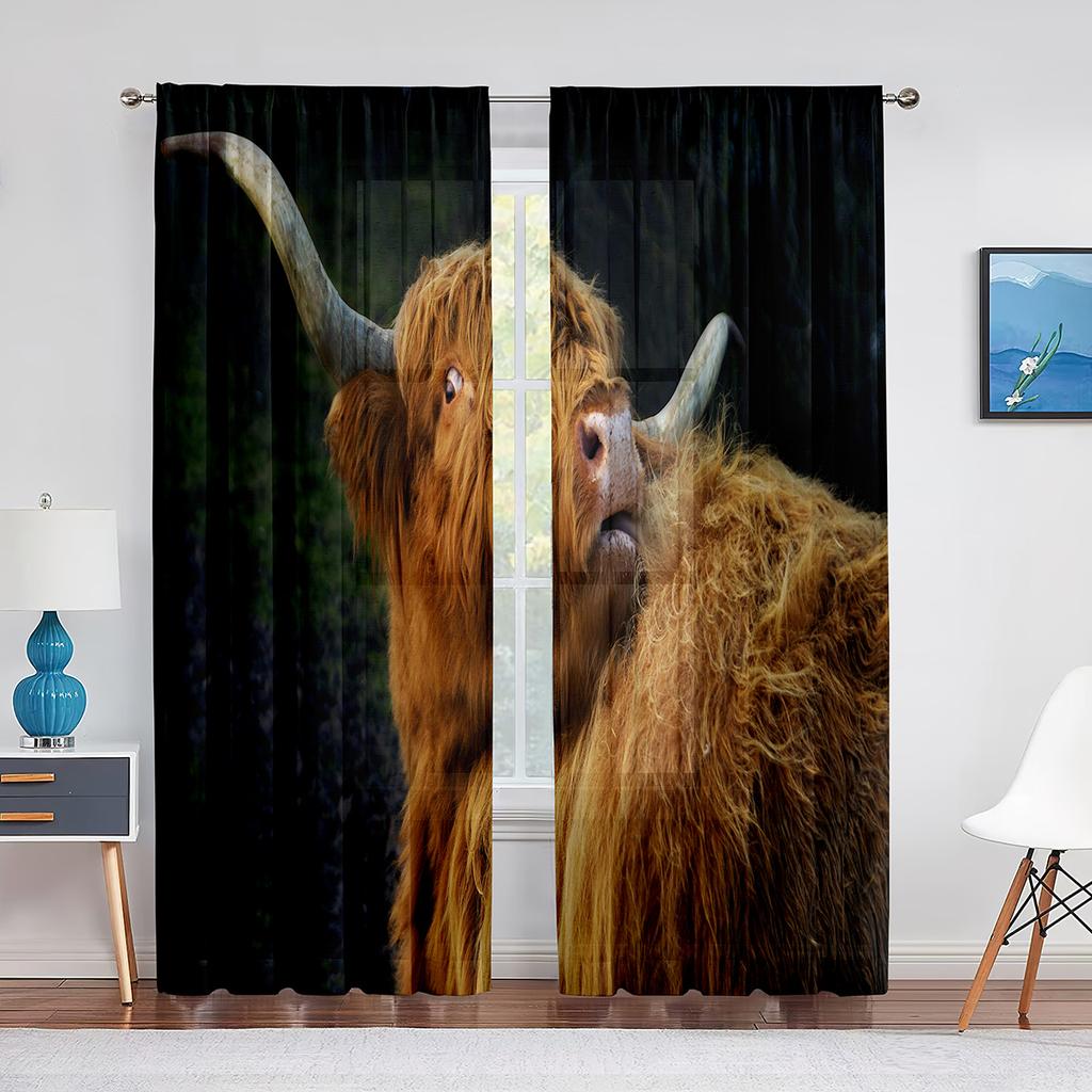 Highland Cow Sheer Voile Curtain Farmhouse Western Cattle Bull Window Tulle Curtains for Living Room Bedroom Kitchen Decoration