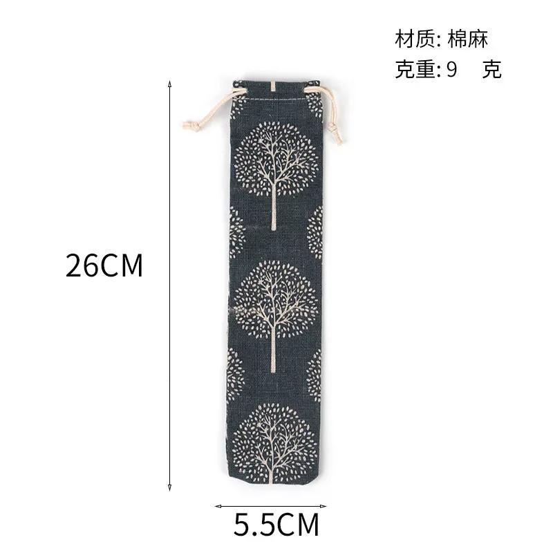 Portable Cutlery Bag Fish Striped Print Tableware Container for Travel, 5pcs Linen Knife Forks Spoon Dinnerware Bag, Japan Style
