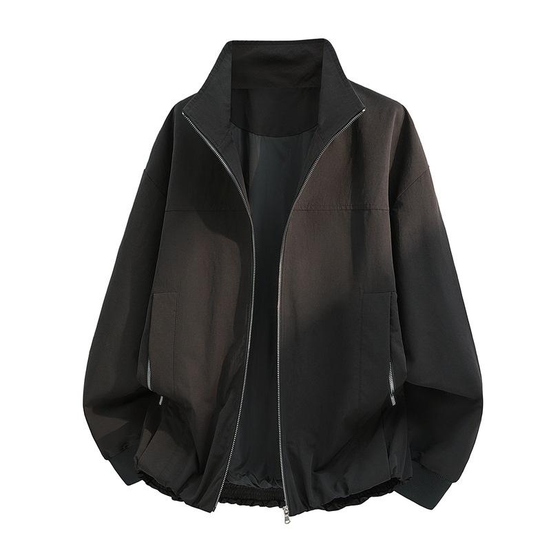 Men's Casual Stand Collar Windbreaker - Lightweight Zip-Up Jacket with Side Zipper Pockets for Daily Wear