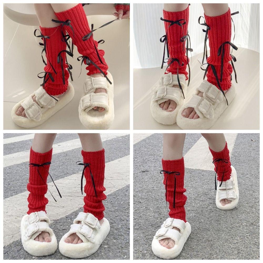 Japanese Christmas Knee Socks Y2k Bow Knitted Leg Socks Sweet New Year Red Socks  For Girl