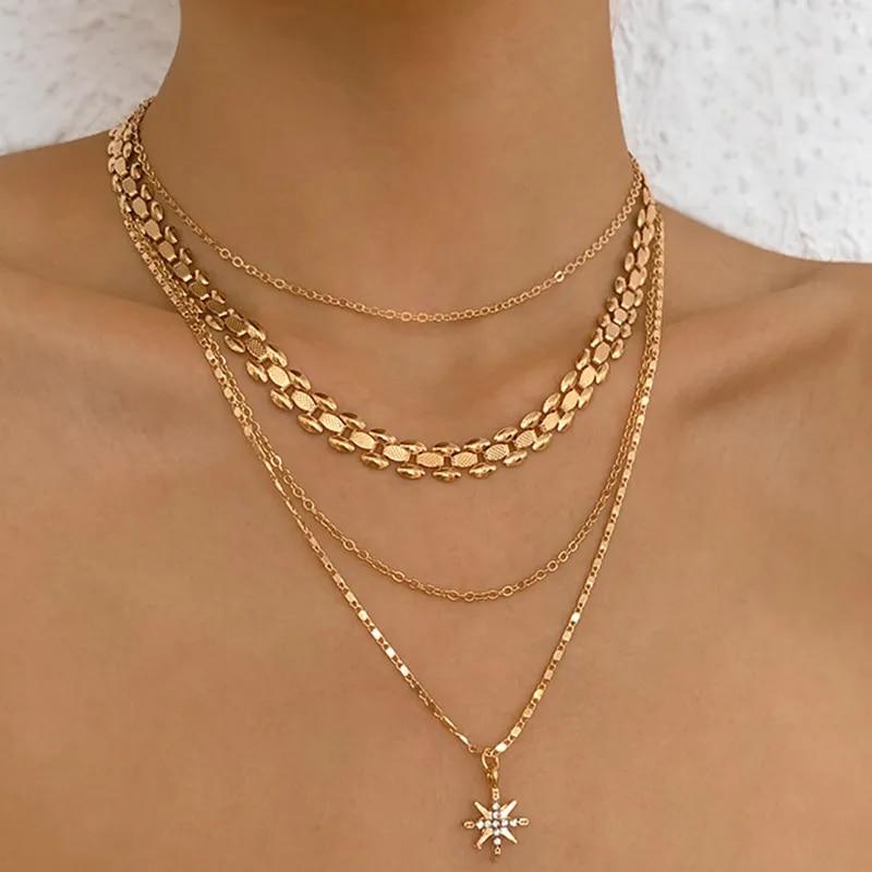 

Fashion New Crystal Star Pendant Necklaces For Women Multilevel Long Geometry Chain Vintage Necklace Jewelry Gift X0137