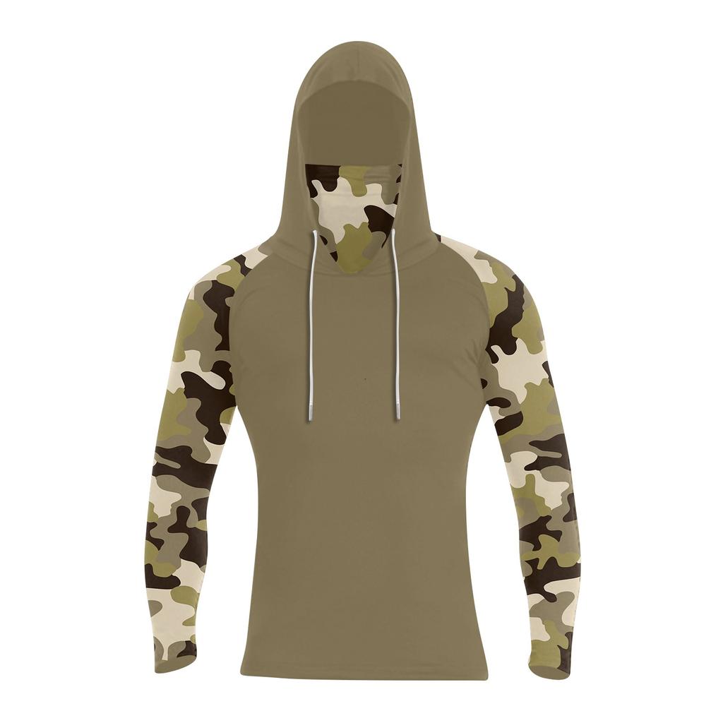 Long Sleeve Hooded Sun Protection Shirt with Face Cover and Camouflage Raglan Sleeves for Outdoor Activities Fishing Hiking Running