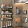 Gunmetal Wall-Mounted Kitchen Rack: Punch-Free Condiment, Knife Holder, Cutting Board Drain, and Seasoning Organizer.