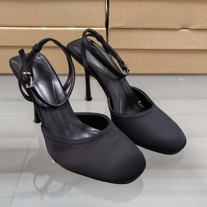 fashion Sexy Ankle Strap Women's Shoes 2024 Summer Luxury Designer Shallow High Heels Stilettos Black Comfort Square Toe Ladies Sandals