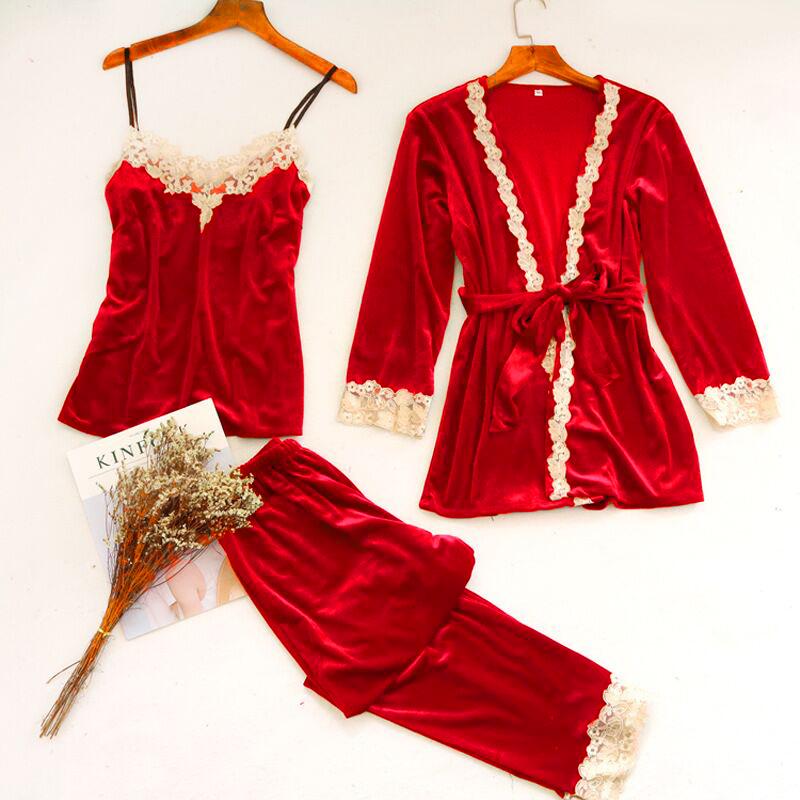 Velvet Pajama Set Women's 2 Piece Robe Pajama Set Pajamas Women's Winter Velvet Bathrobe Dress
