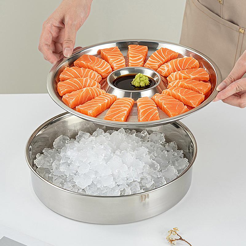 Piatto di Ghiaccio per Sashimi in Acciaio Inossidabile Rotondo Con Piatto per Salse Vassoio Espositore per Cibo Vassoio Refrigerante Vassoio Staccabile per Frutti di Mare Sushi