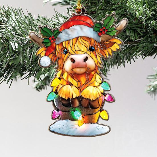 Highland Cow Christmas Ornament Stained Glass Effect Window Hanging Highland Cow Decor Rustic Acrylic Scottish Suncatcher for Farmhouse Tree Decor