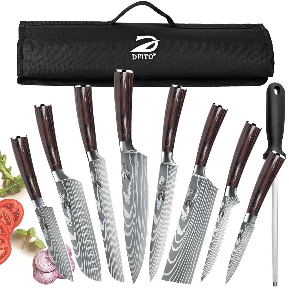 8pcs Professional Chef Knife Set with Roll Bag High Carbon Stainless Steel Kitchen Knife with Knife Sharpener, Dishwasher Safe
