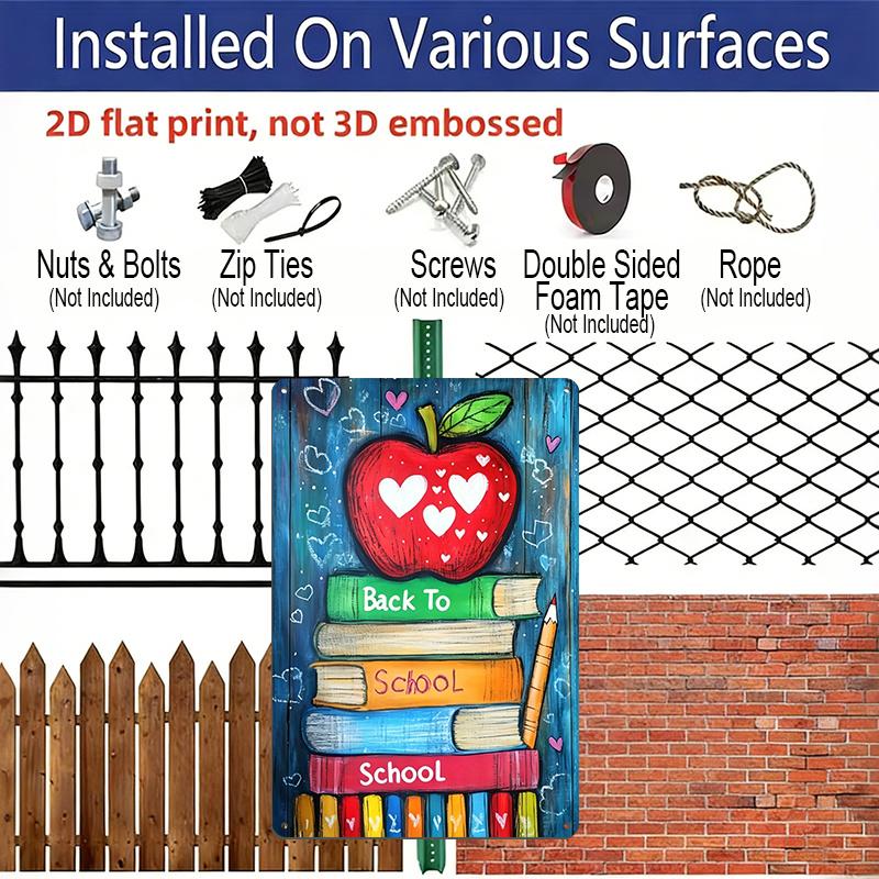 2D Flat, 1pc Rustic Style "Back To School" Metal Wall Art Sign with Apple & Book Stack - 8*12 Inch Aluminium Classroom Decor, Colorful Hand Drawn