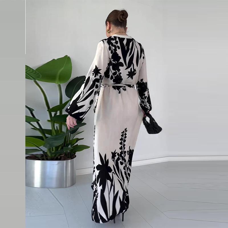 2024 Autumn Women's Color Block Lace-Up Waist Casual Long Sleeve Dress