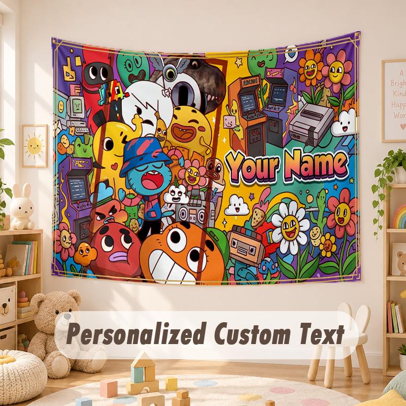 Arazzo con Testo Nome Personalizzato, Incredibile Mondo di Gumball Boho da Appendere al Muro, Arazzo Decorativo da Sfondo per Stanza