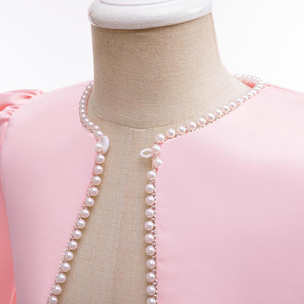 Girl's Red Pearl Long-Sleeve Evening Dress with Accessories, Including One-Button Shawl, Short Jacket Cape, and Sleeveless Vest.