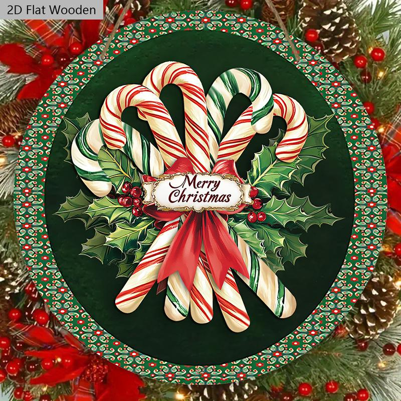 Classic Christmas Wooden Sign with Candy Canes Pattern - Navidad Round Sign for Front Door, Wall Hanging Decor - Ideal Christmas Gift