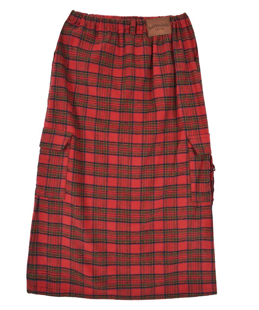 Catharsis Check Belted Elastic Long Skirt Red One Size