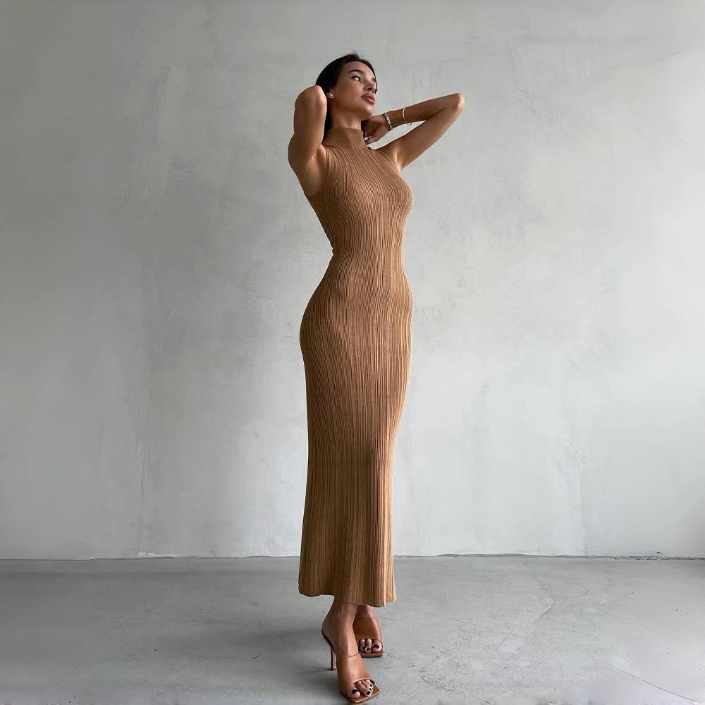 

LYRIA Sleeveless Knitwear Turtleneck Long Dress Female Slim Elegant Fashion Ribbed Knit Dress for Women Maxi Dress S рожевий червоний колір