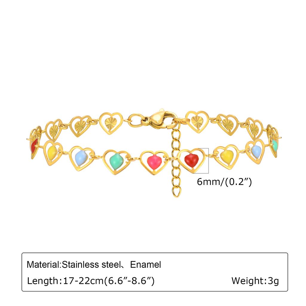 Trendy Bohemia Colourful Drip Glue Beads Chain Bracelet for Women Stainless Steel Beads Bracelet Girl Gift,Heart-shaped Chain