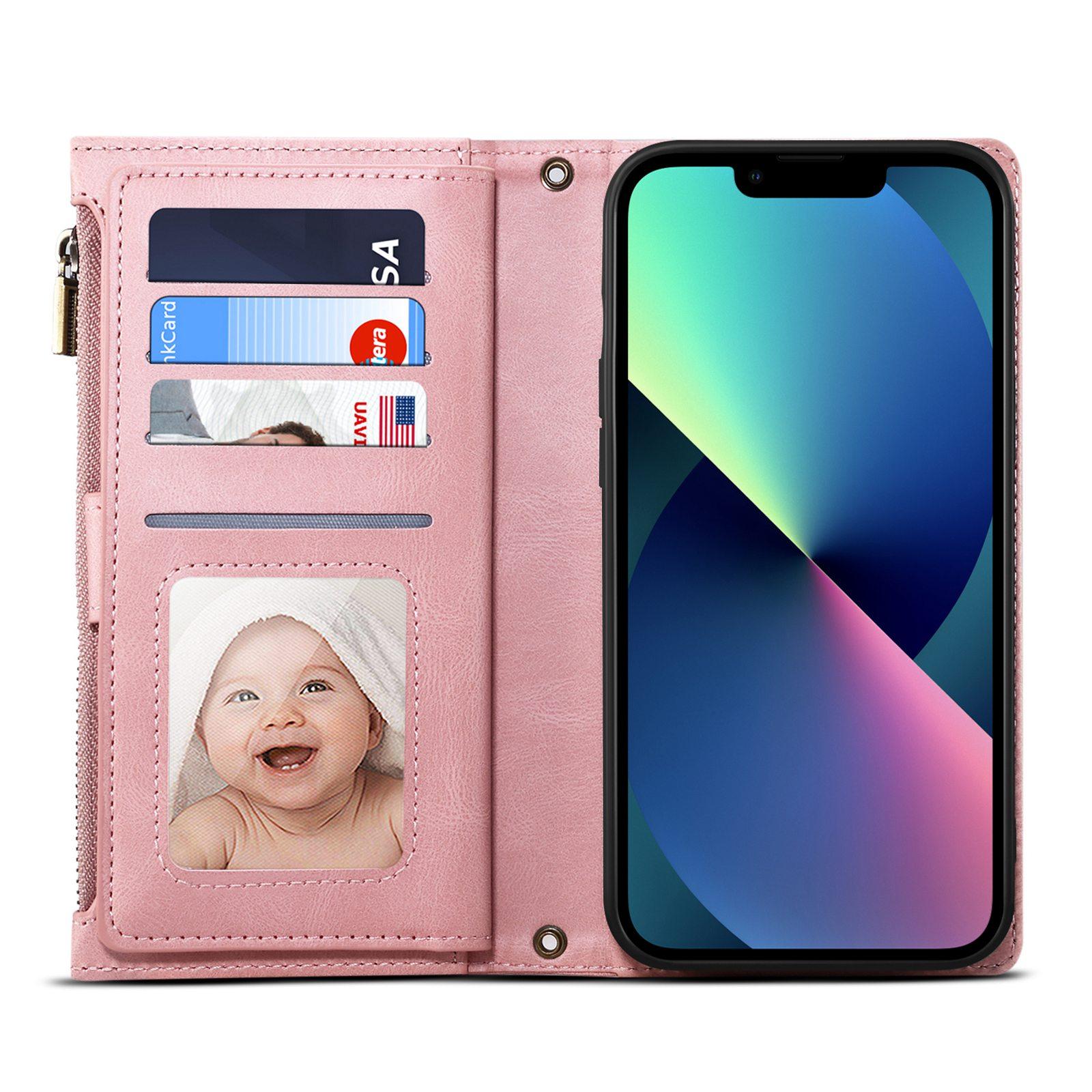 

Star Series For iPhone 14 6.1 inch Phone Wallet Cover Multi-functional Zipper Pocket Shockproof Cell Phone Case Rose Gold