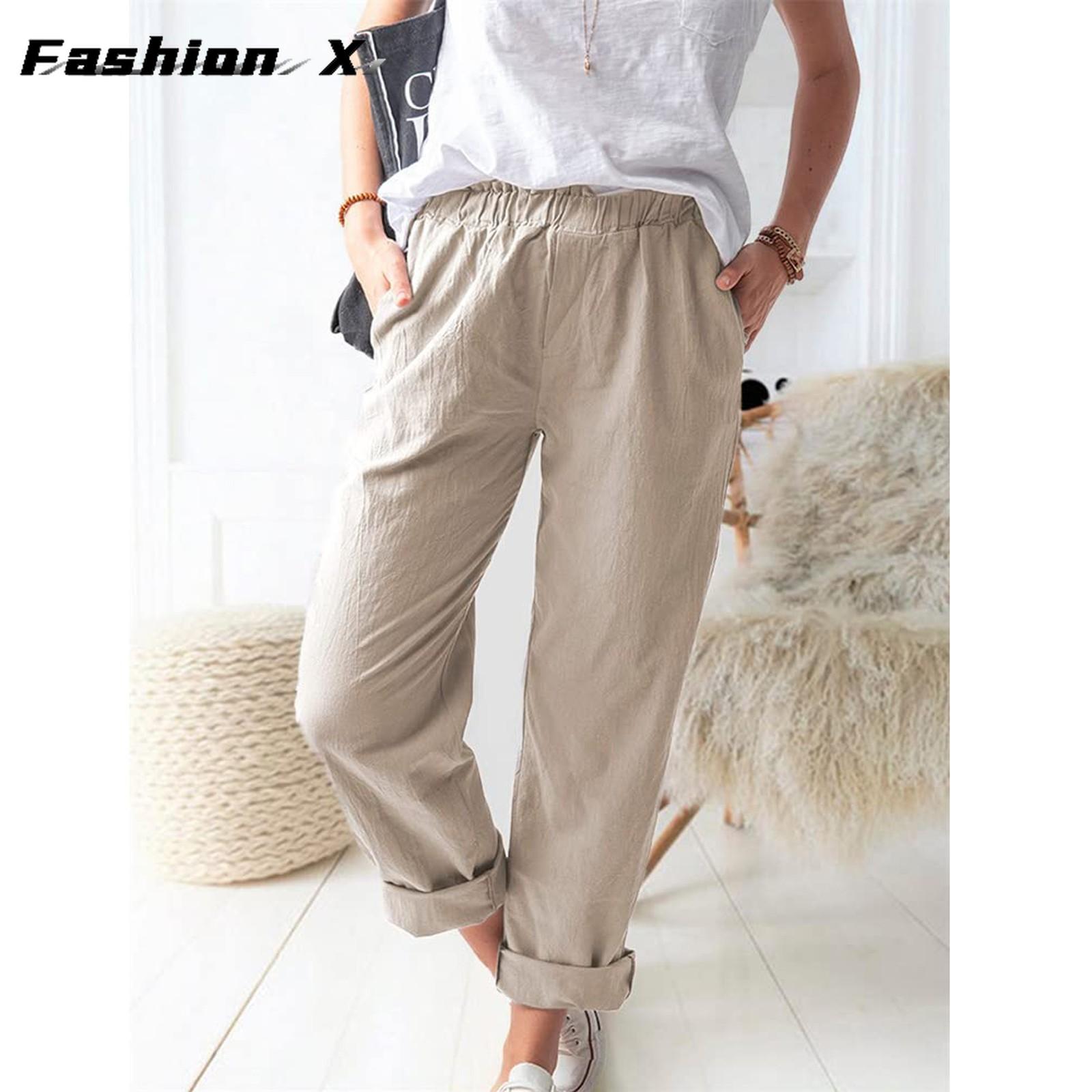 

Женские брюки, свободные широкие брюки, повседневные эластичные хлопковые льняные брюки L хаки